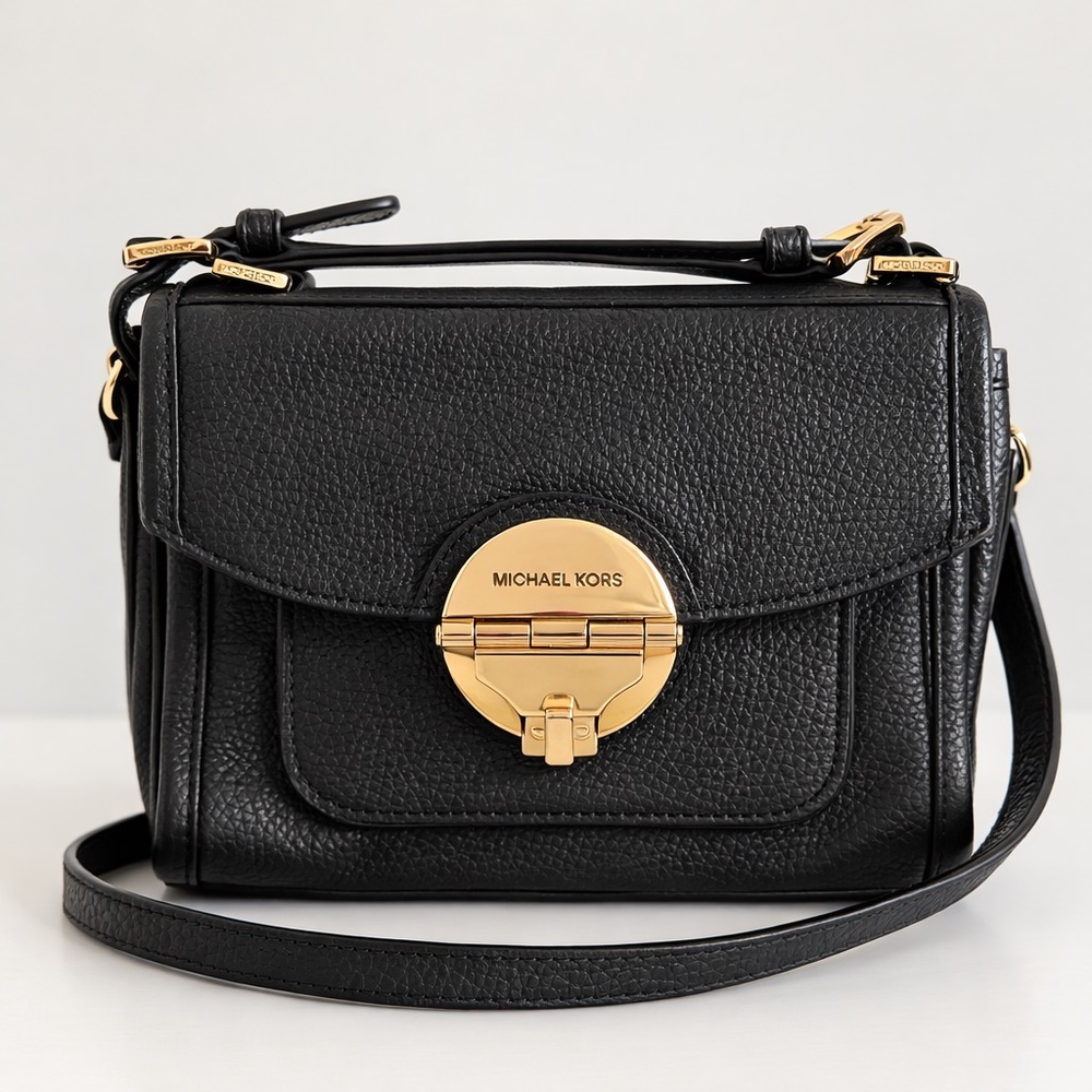 Michael Kors Margo Black Pebbled Leather Crossbody Bag Gold Chain